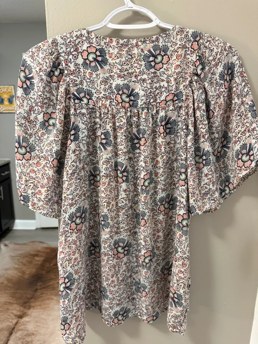 LOFT Floral Bib Front Puff Sleeve Blouse S